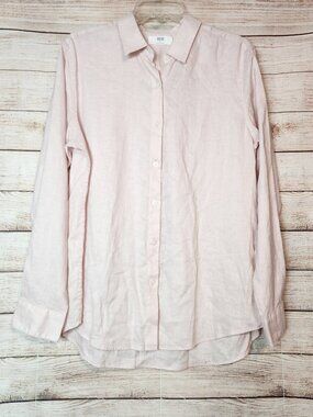 Uniqlo Shirt Mens Large Light Pink 100% Linen Long Sleeve Button Up Beach Summer